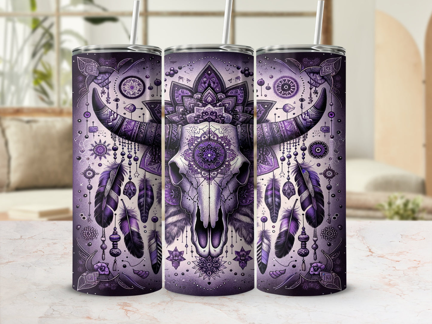 Purple cow skull with mandala and feathers tumbler.