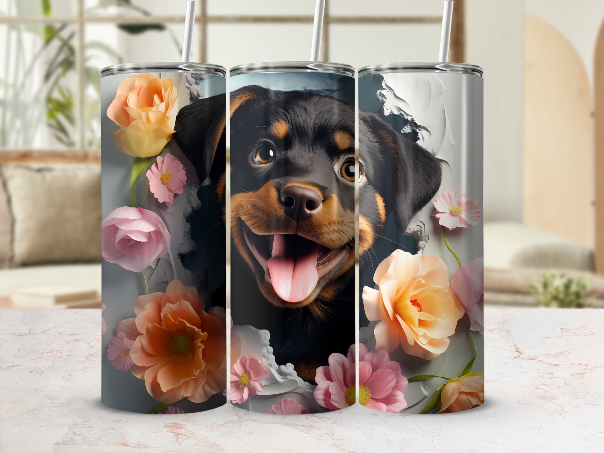 Happy Cute Rottweiler Puppy Flower Pattern Tumbler product type