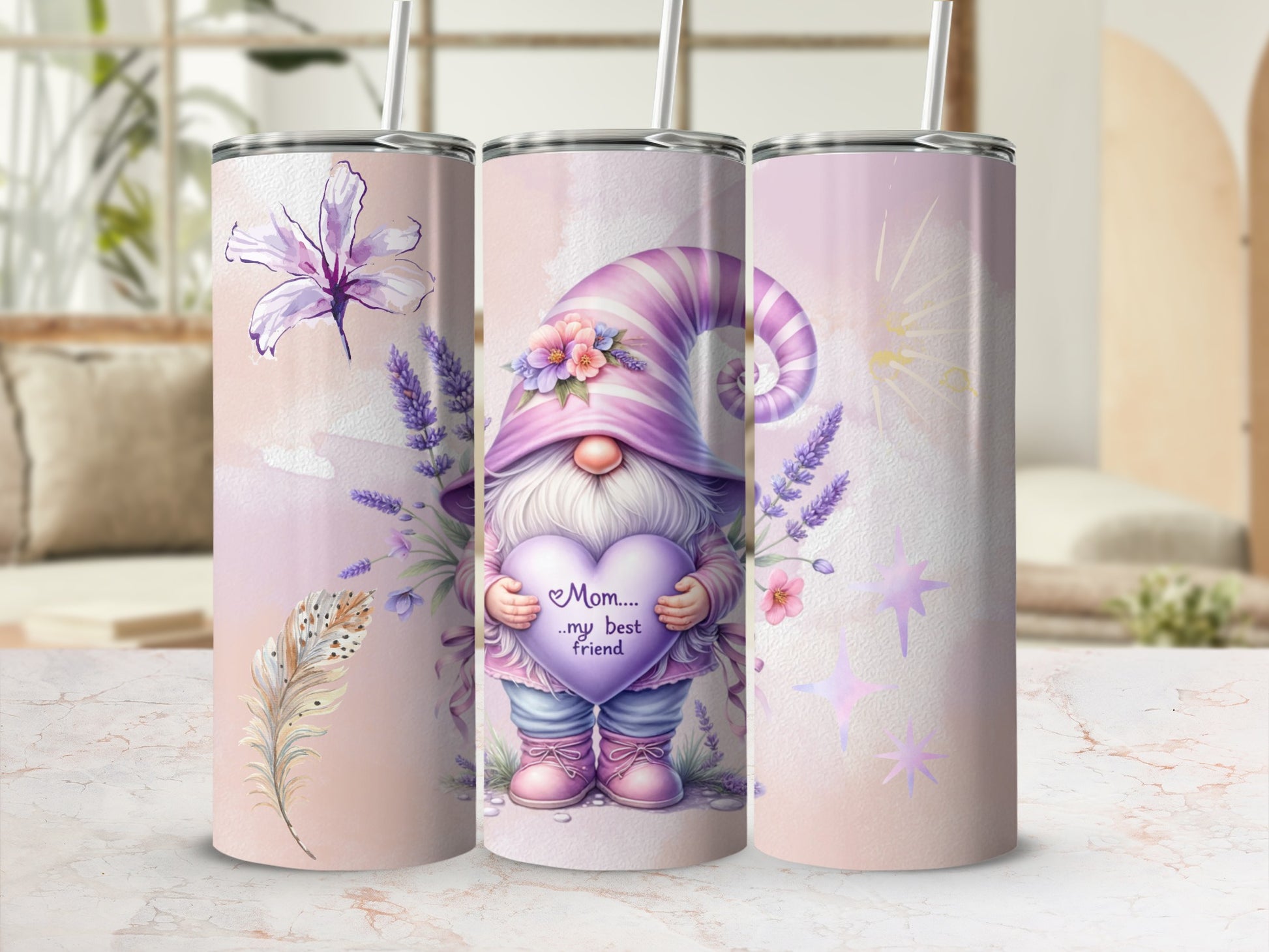 Cute Gnome with Lavender and Lilies Design Tumbler