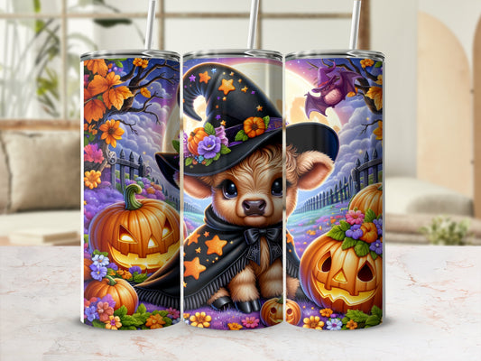 Cow in witch hat and Halloween pumpkins with stars and a bat.
