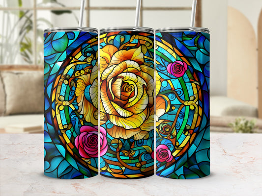 Stained glass rose tumbler with ornate swirling patterns and blue accents.