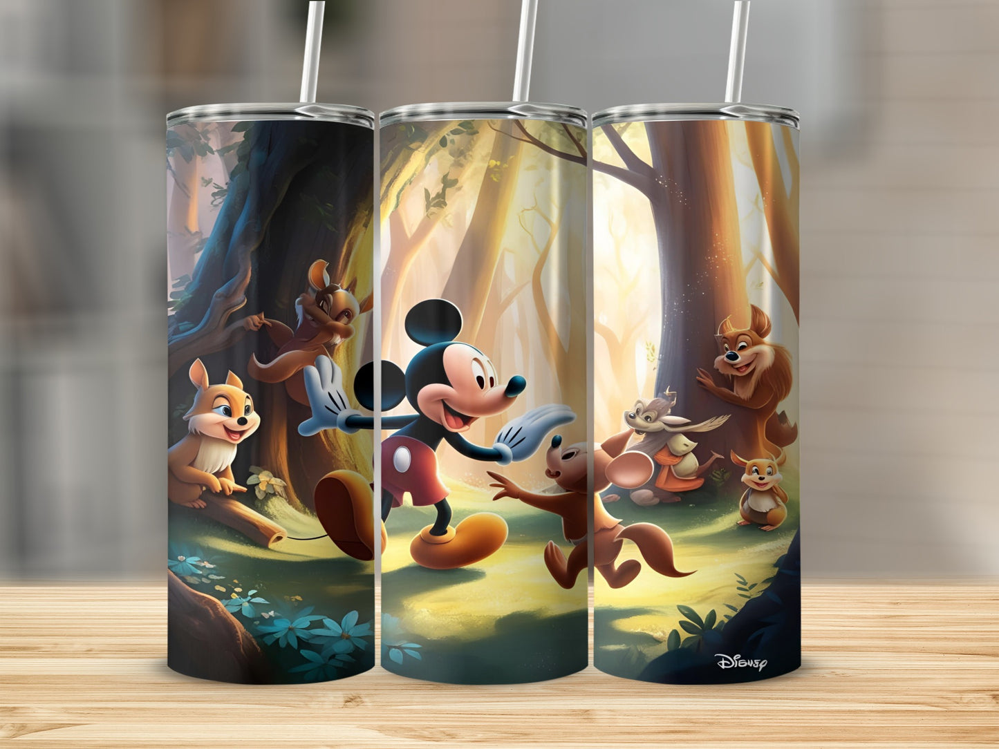 Mickey Mouse and forest friends playing in a sunlit woodland.