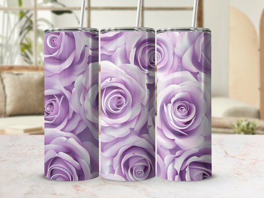 Three purple rose pattern tumblers with straws on a marble surface.
