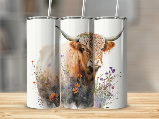 Highland cow illustration with wildflowers on a white tumbler.