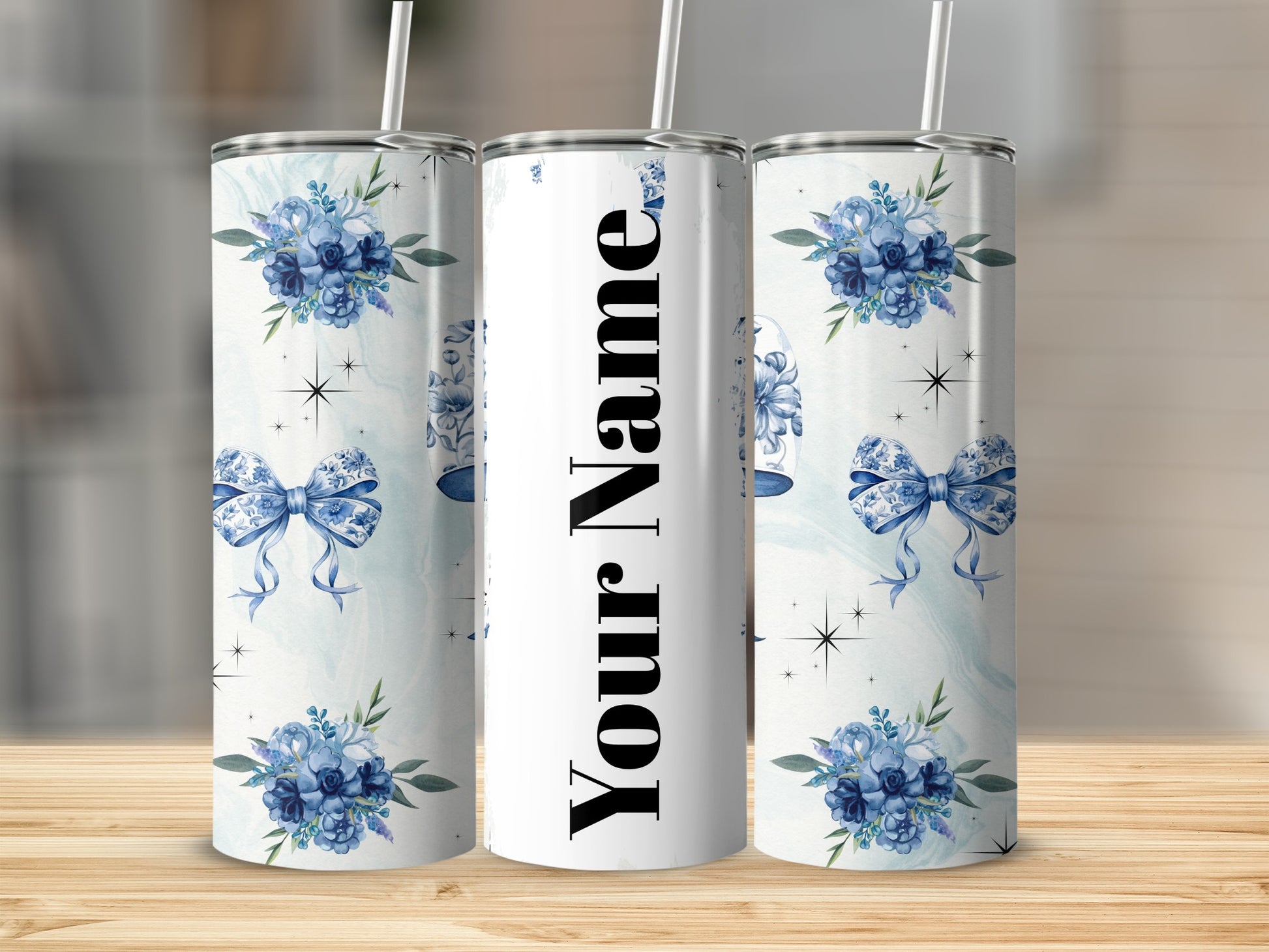 Custom Blue Floral and Bow Design Personalized Tumbler