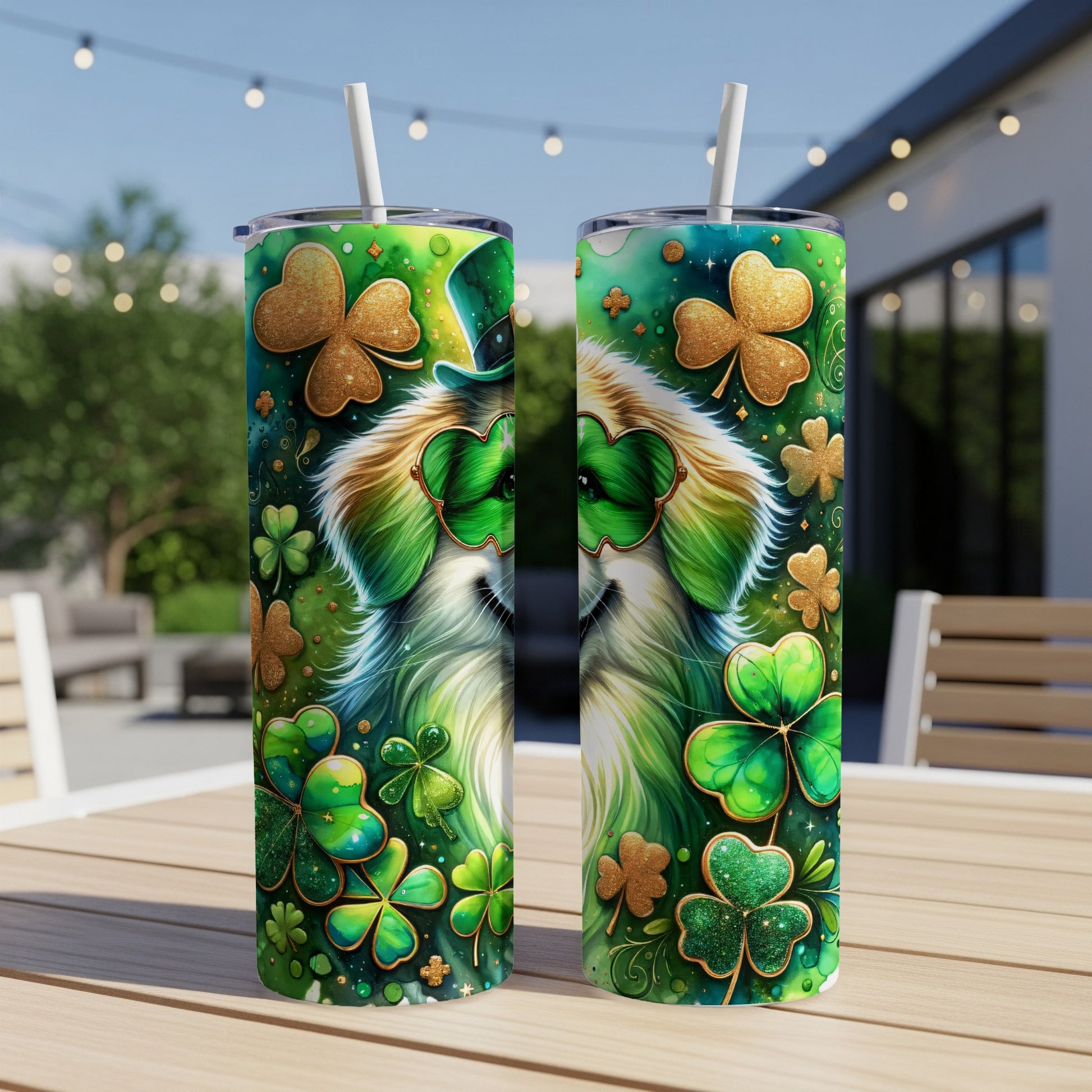 Two Saint Patrick's Day themed tumblers with a dog wearing green glasses and shamrocks.