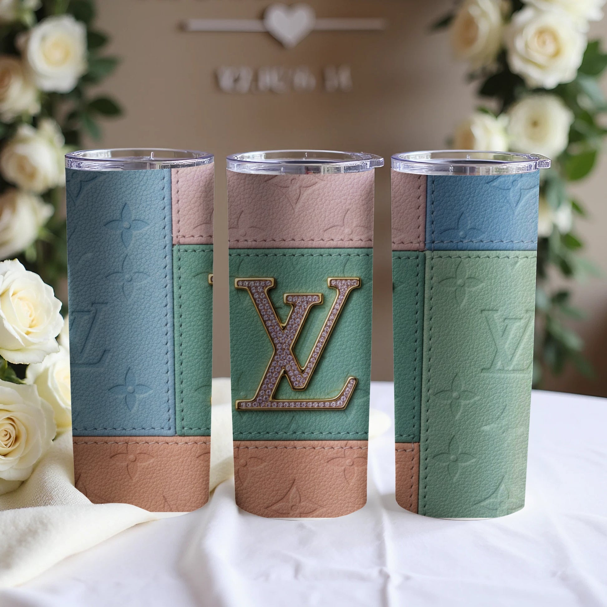 Stylish Monogram Patchwork Design Insulated Tumbler Cup