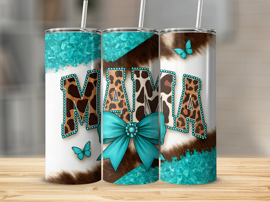 Mama tumbler with turquoise bow and cheetah print detail.