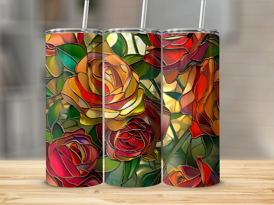 Three tumblers with stained glass rose pattern.