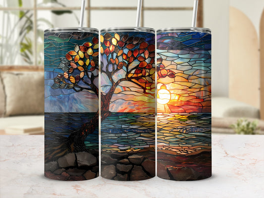 Triptych tumbler set with stained glass tree, ocean, and sunset designs.