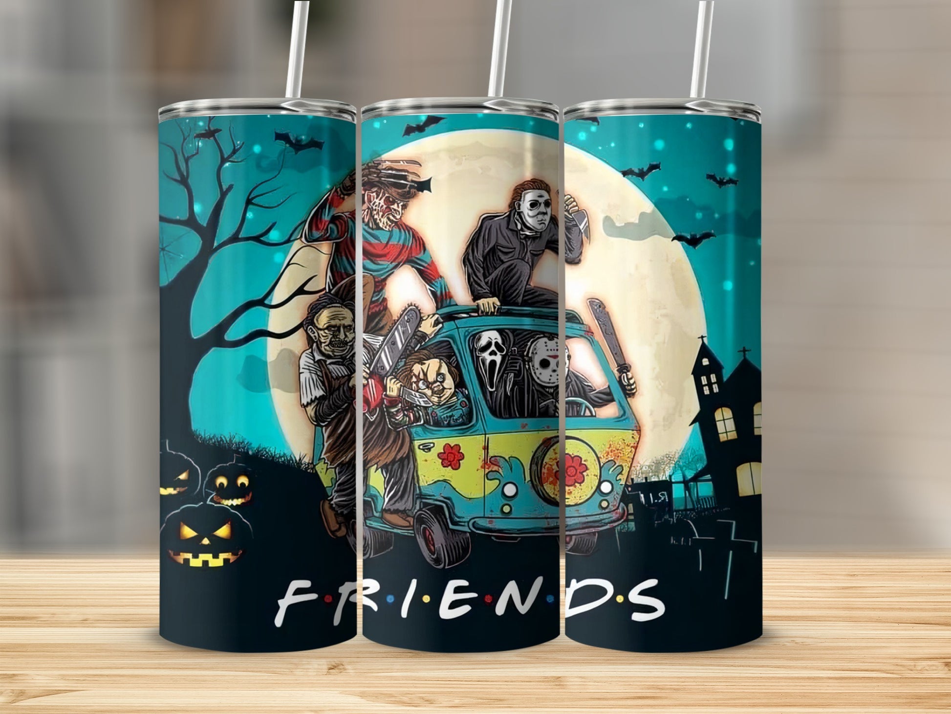 Horror movie characters, including Freddy Krueger and Michael Myers, ride in a van with "Friends" logo.