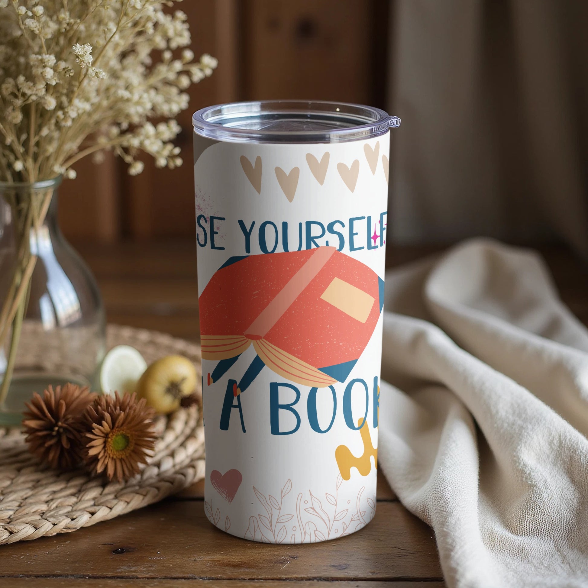 Book Lover Insulated Tumbler with Heart Accents
