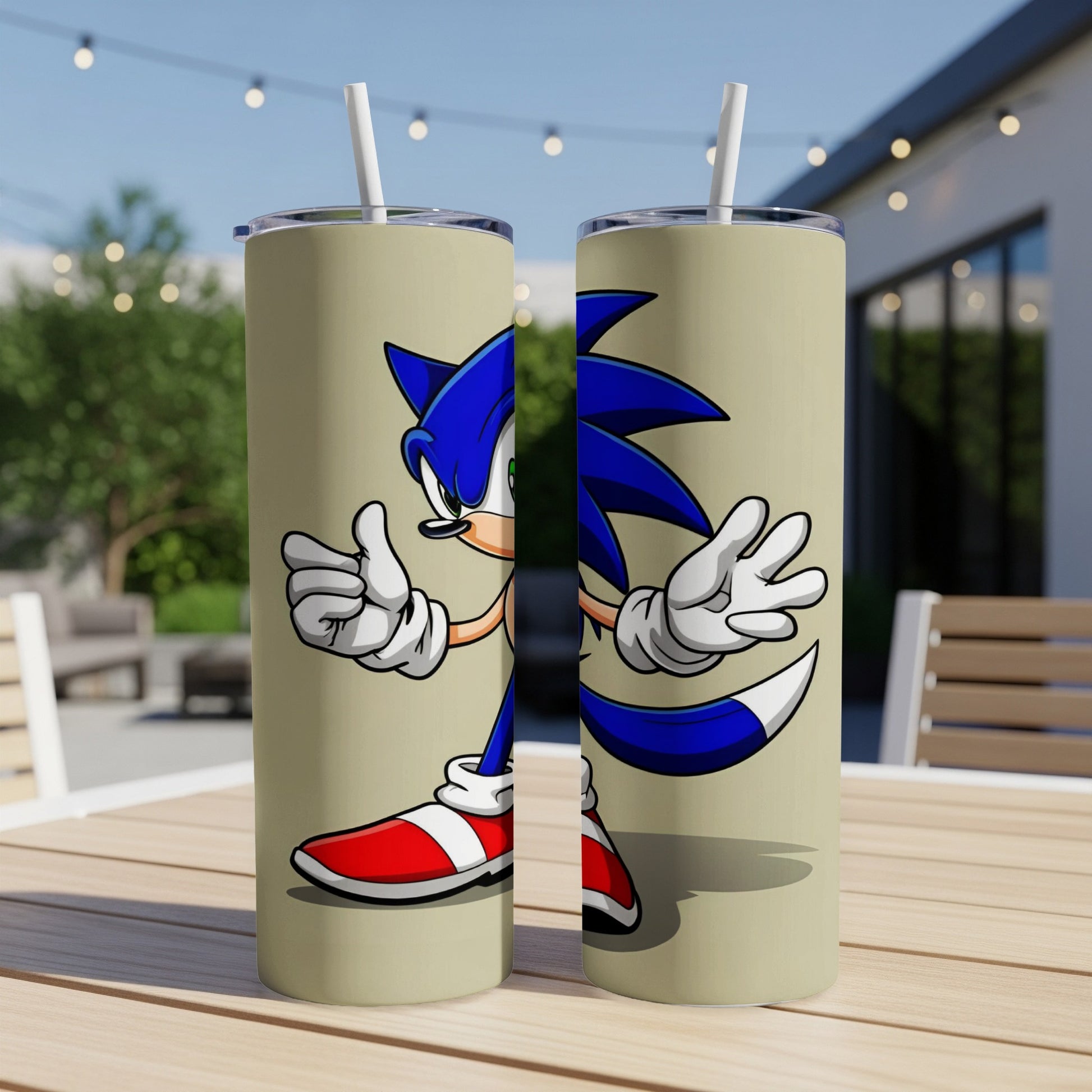 Sonic the Hedgehog in a light beige tumbler on a table.