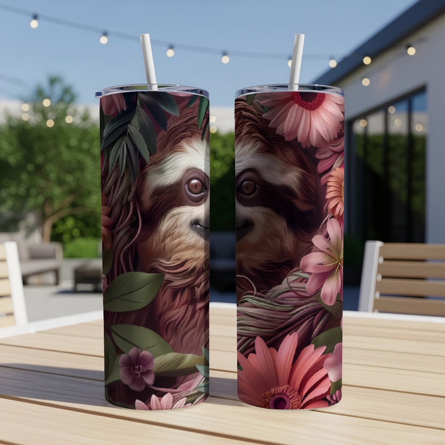 Two tumblers with a sloth face surrounded by pink flowers and green leaves.