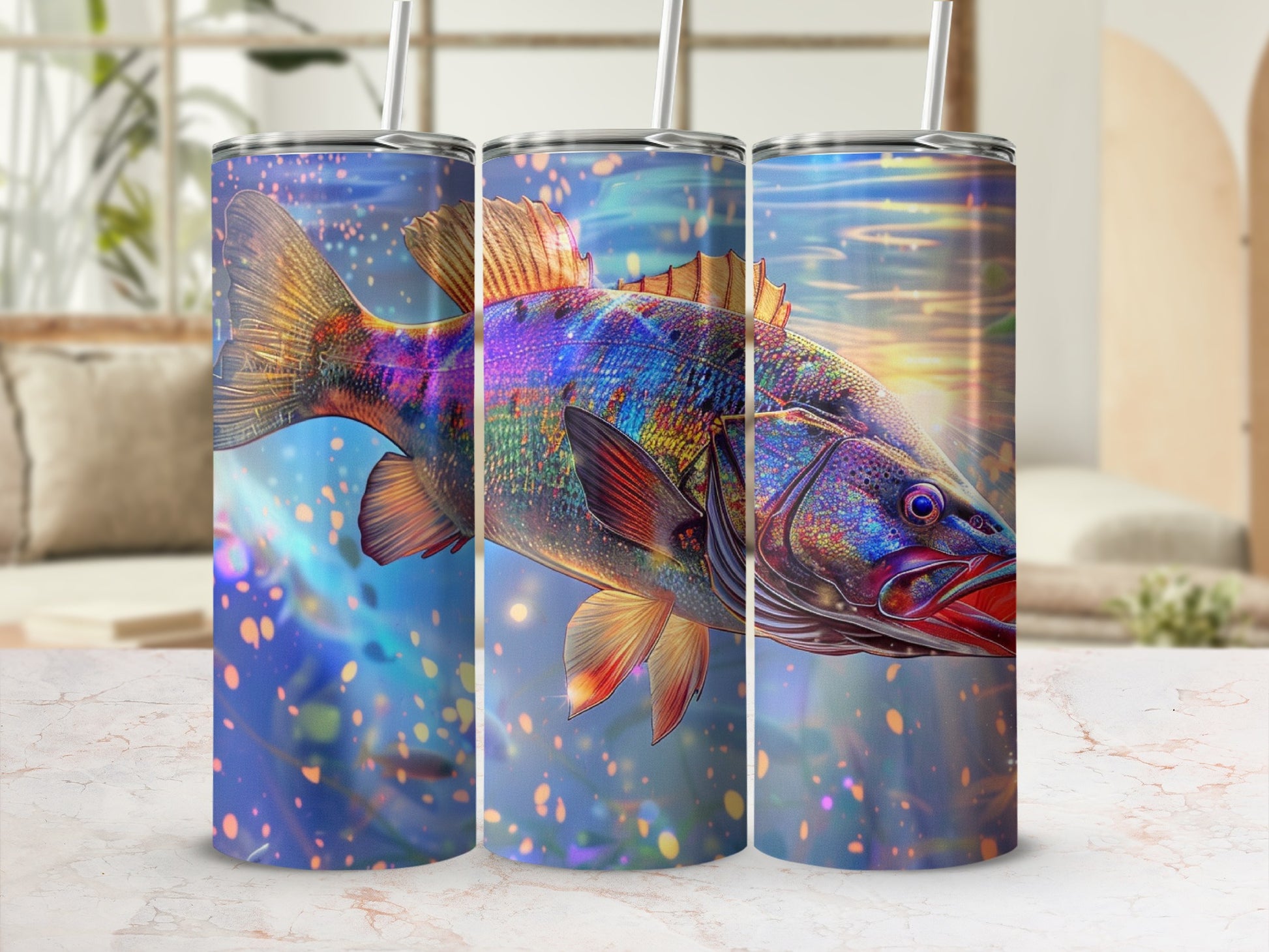Colorful fish swimming in shimmering water, featured on three tumblers.
