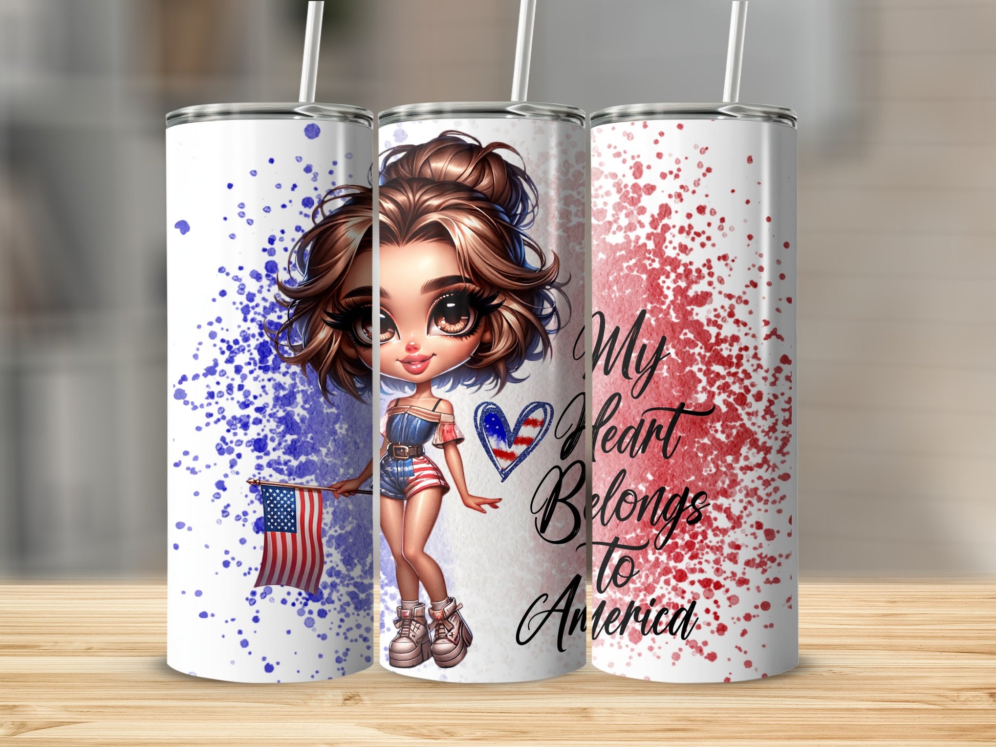 Girl in patriotic outfit holding American flag with paint splatters.