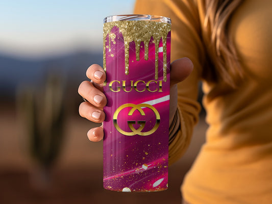 Stylish Gucci Pink Tumbler with Gold Dripping Design