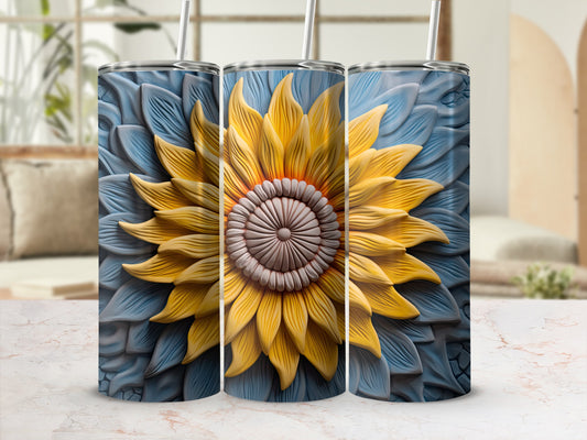Sunflower tumbler with textured blue petals and yellow accents.