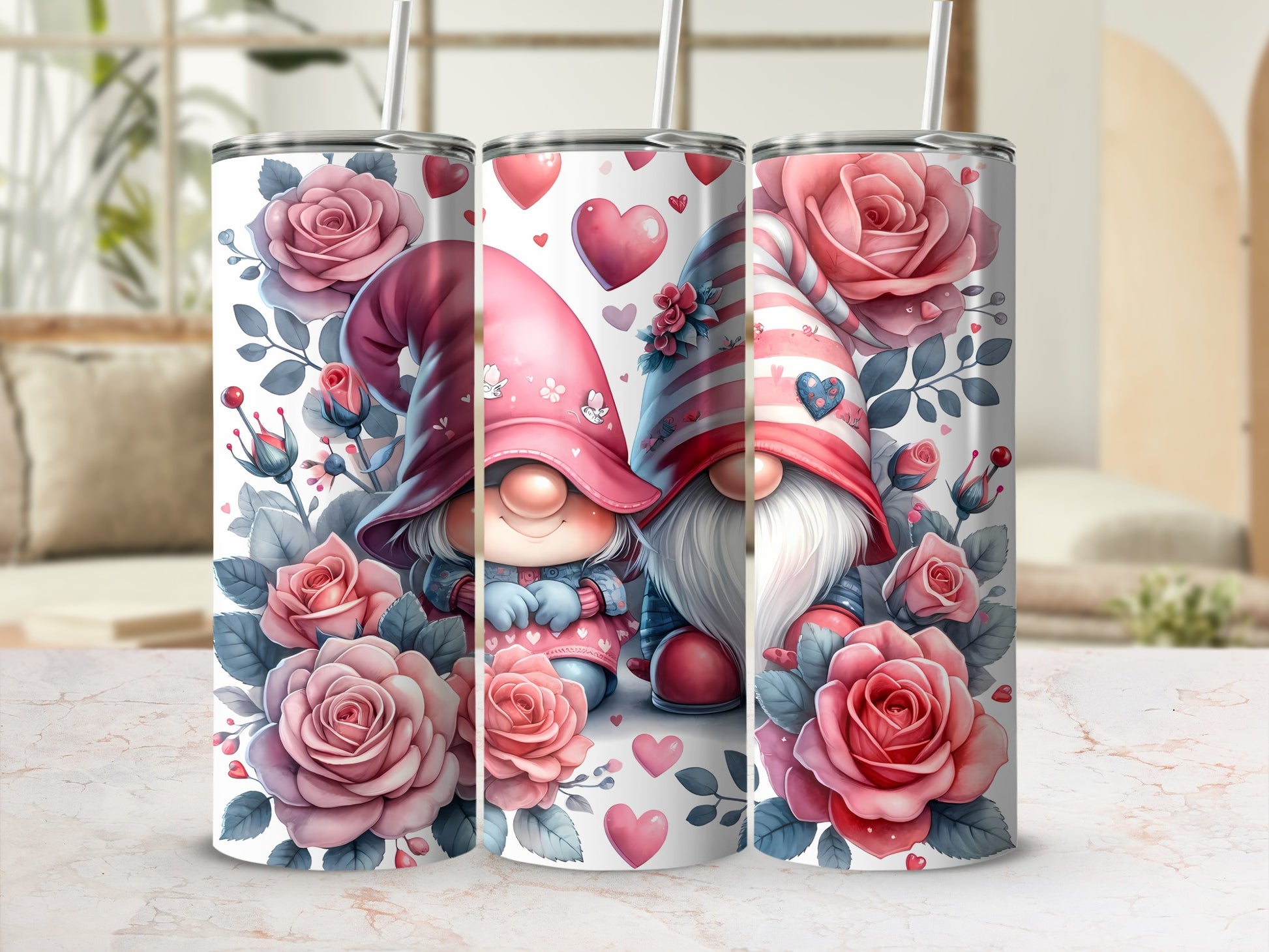 Gnomes with pink hats and hearts surrounded by roses and floral accents.