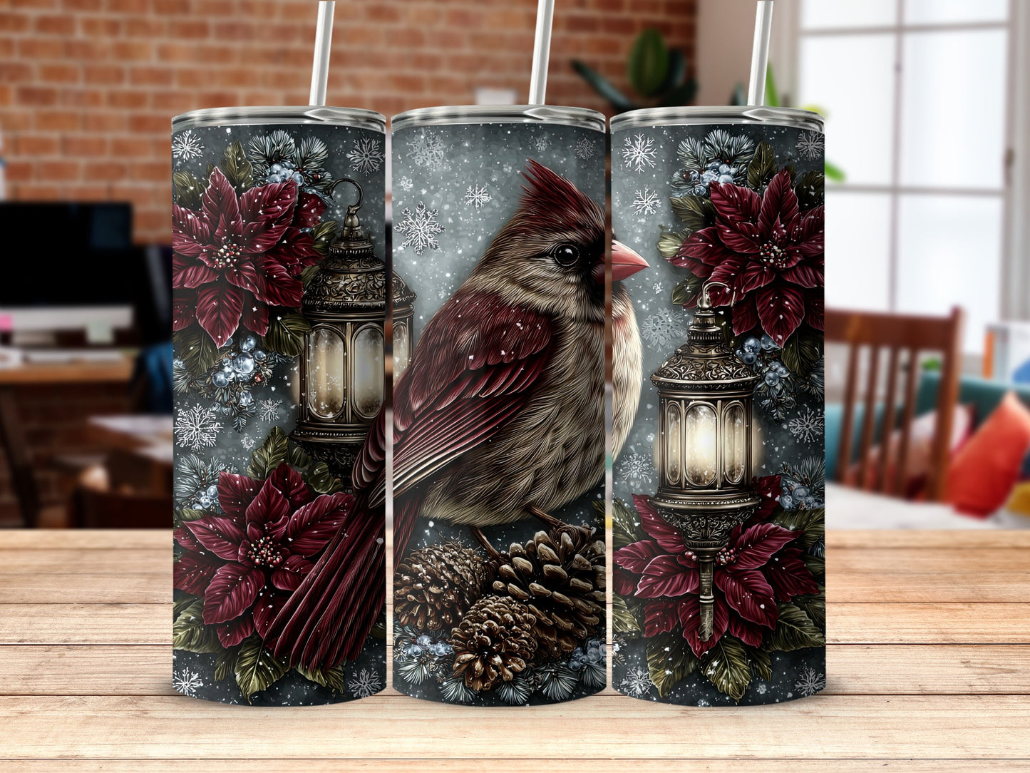 Festive Cardinal and Lantern Winter Scene Tumbler
