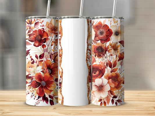 Three tumblers with floral designs and a blank space for personalization.