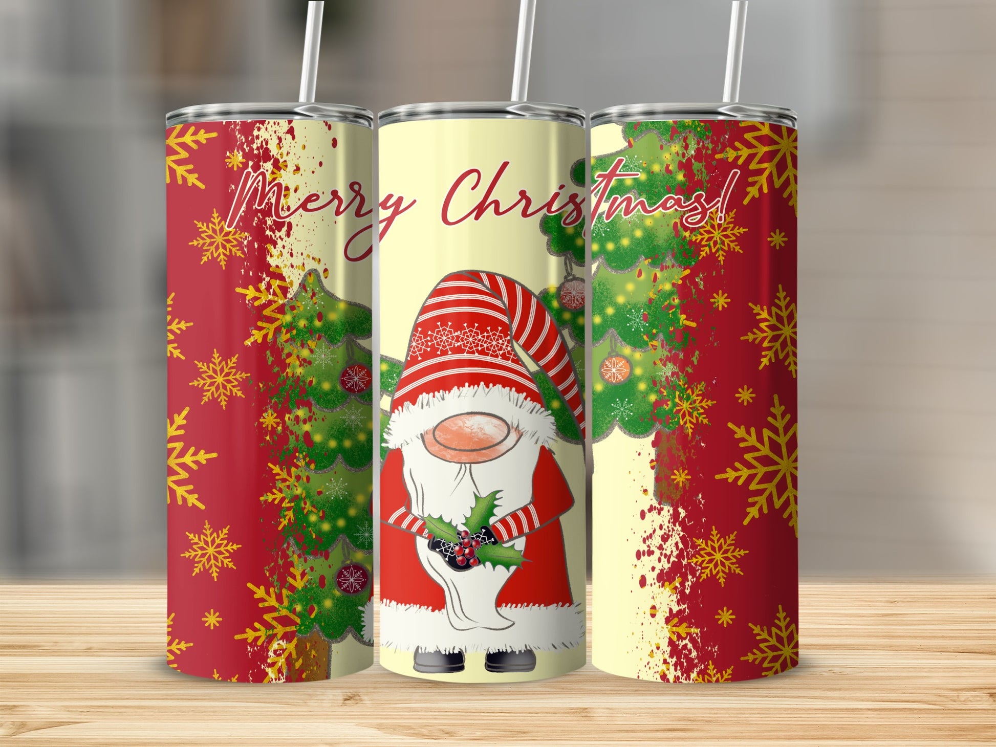 Christmas gnome in Santa hat holding holly on a tumbler with snowflakes.