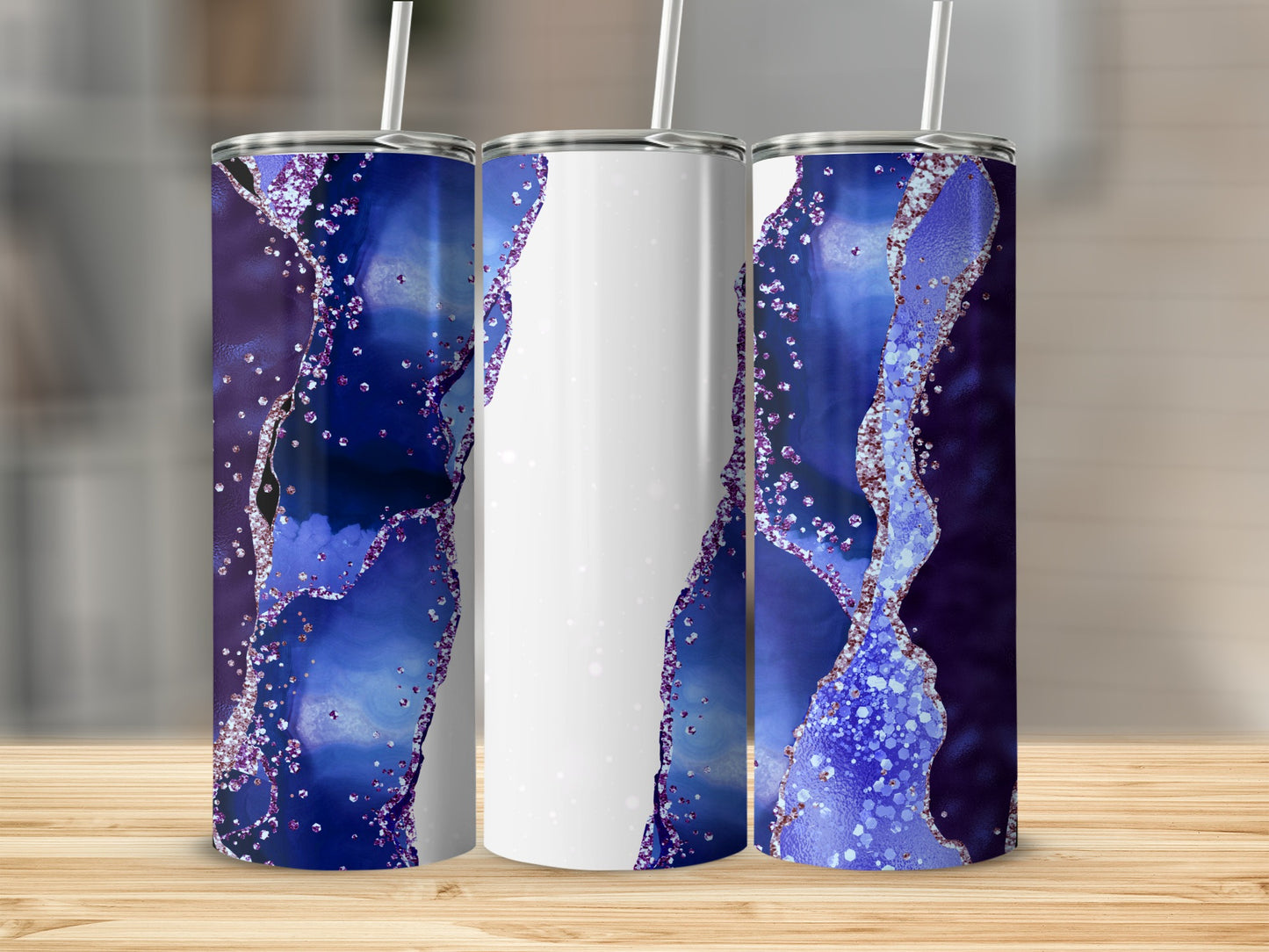 Three tumblers with a swirling blue and purple agate-like design.