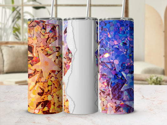 Three tumblers with star-shaped glitter designs: orange, white, and blue.