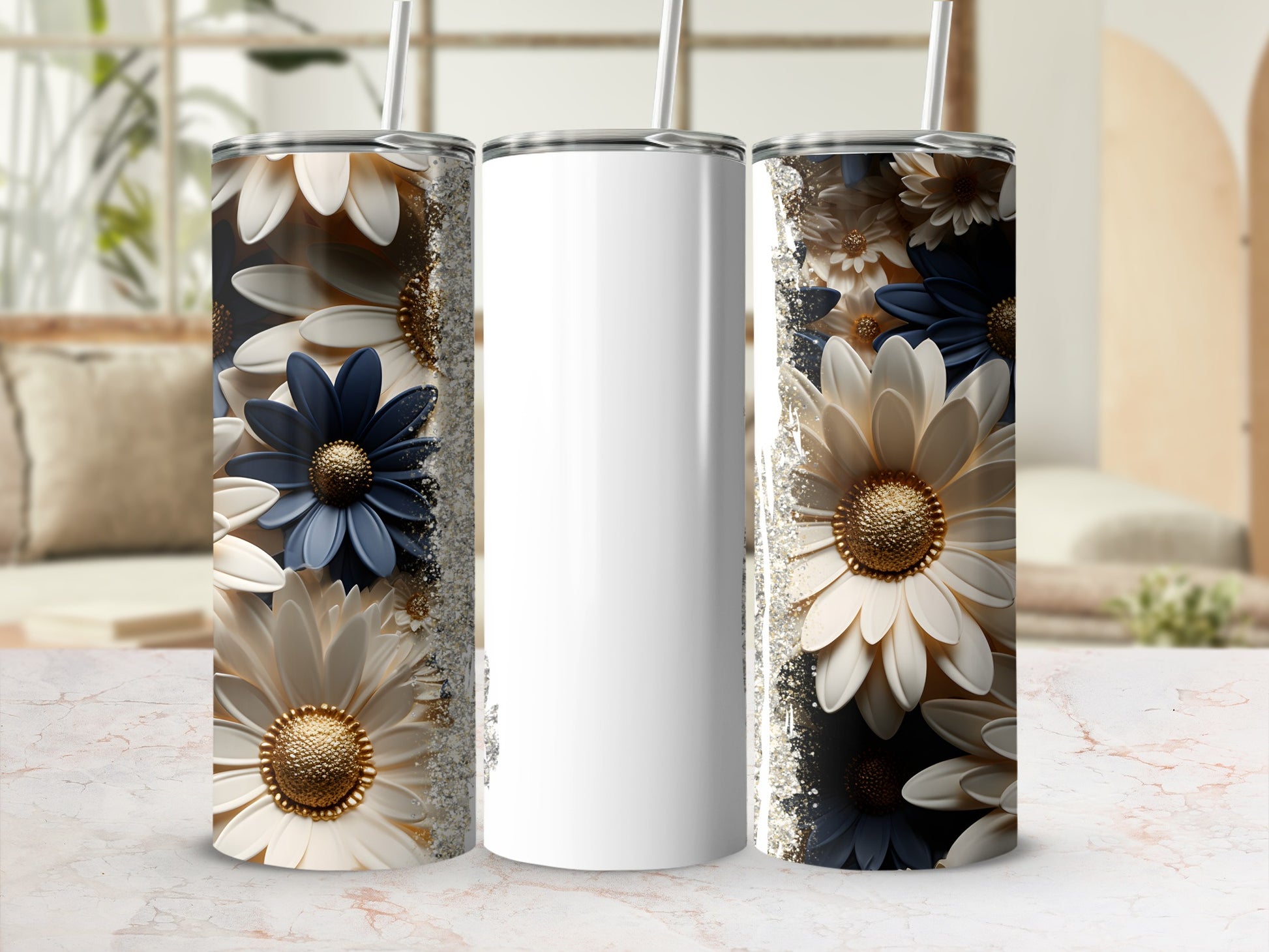 Three white tumblers with floral designs, featuring gold accents and muted colors.
