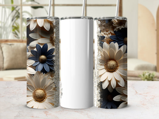 Three white tumblers with floral designs, featuring gold accents and muted colors.