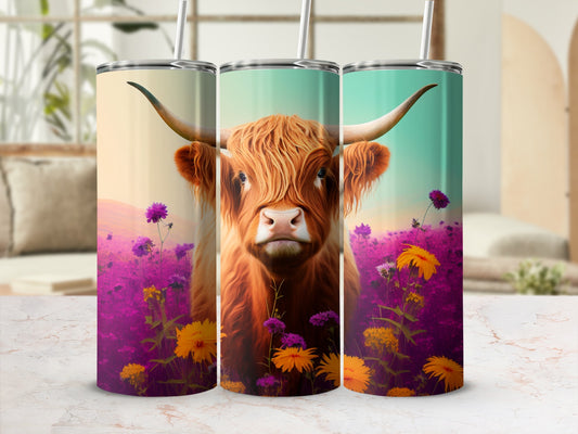 Highland cow on tumbler with purple and yellow flowers.