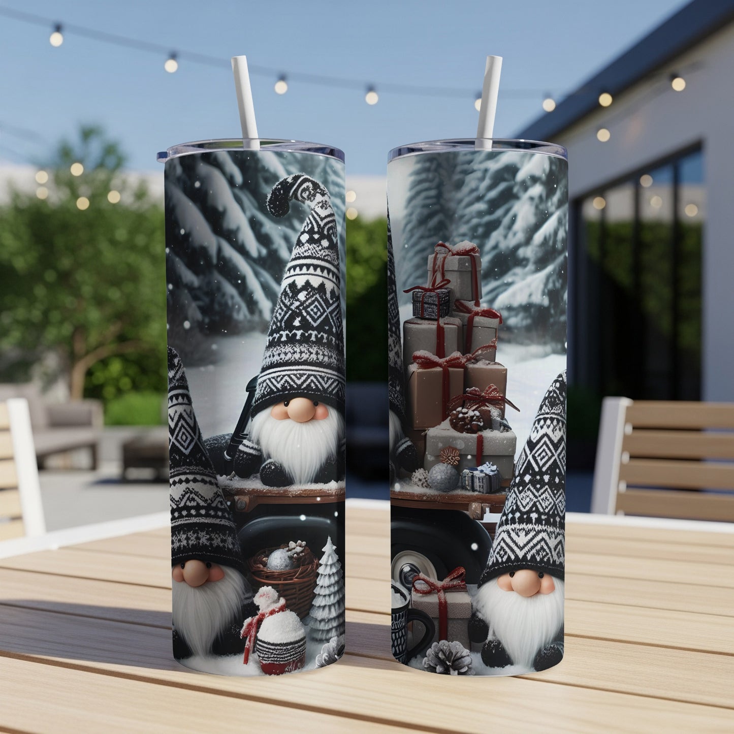 Christmas gnomes with presents in snowy forest scene on tumblers.