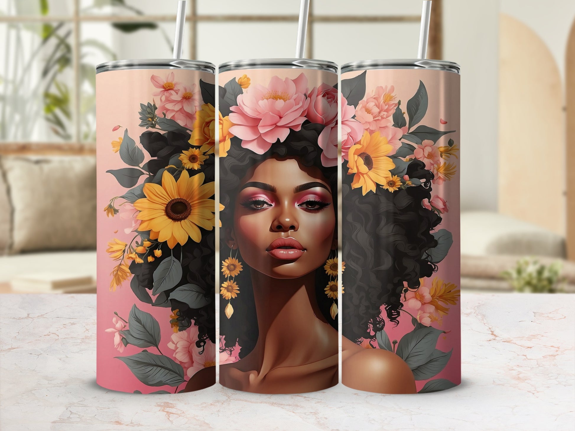 Tumbler with a woman's portrait adorned with flowers and sunflowers.