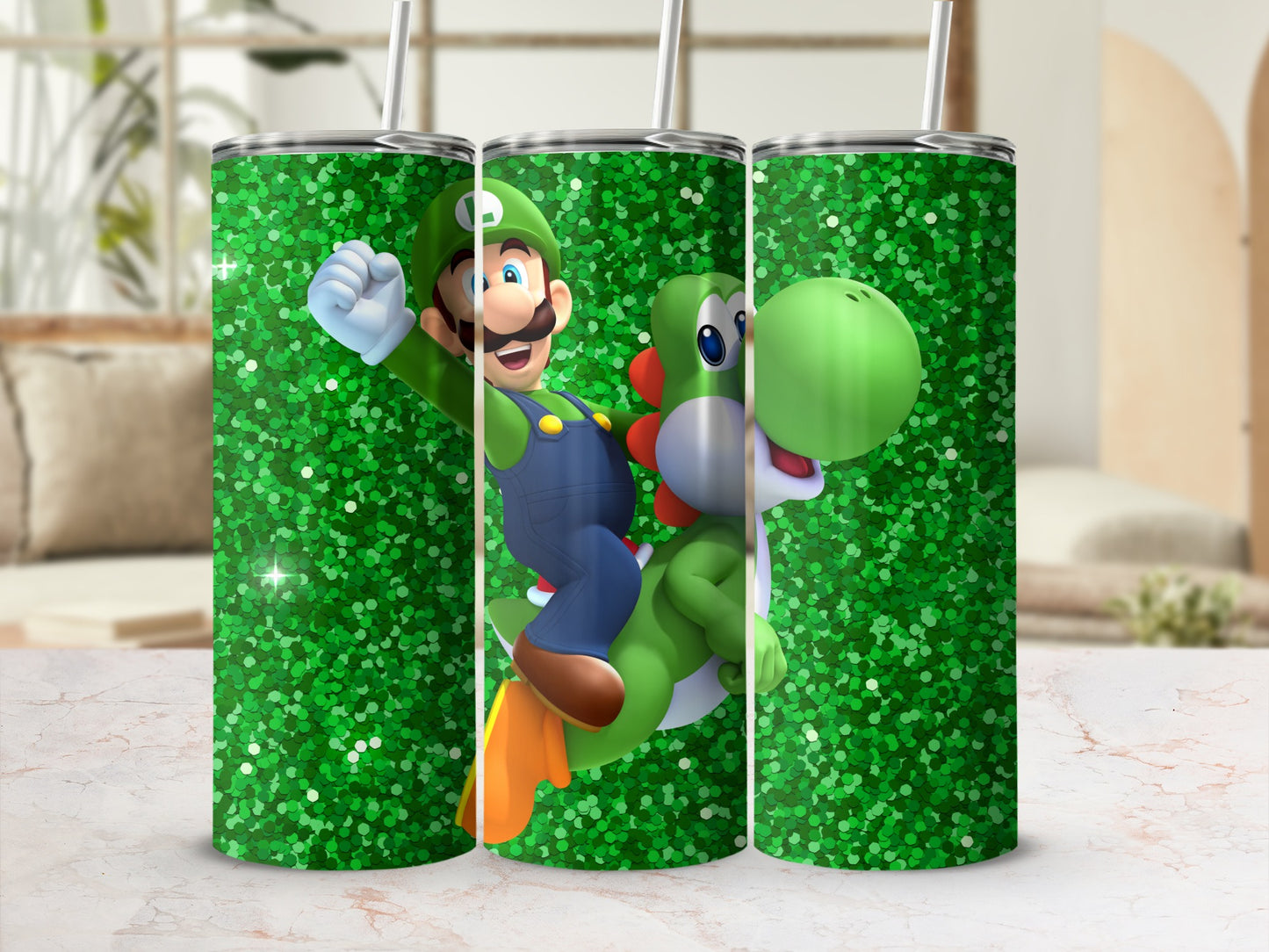 Green Glitter Luigi and Yoshi Tumbler with Straw