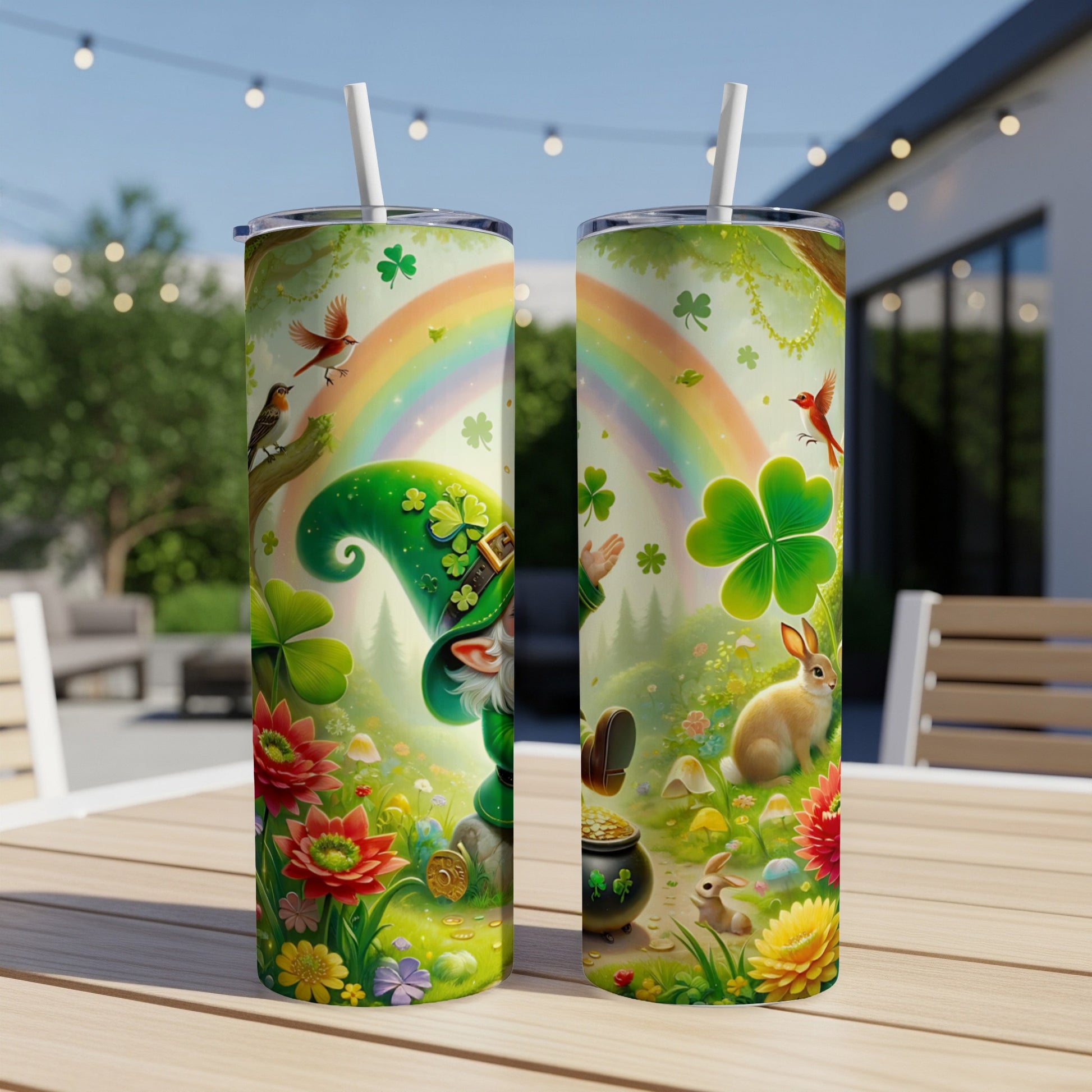 Leprechaun, rainbow, shamrocks, and rabbits decorate a St. Patrick's Day tumbler.