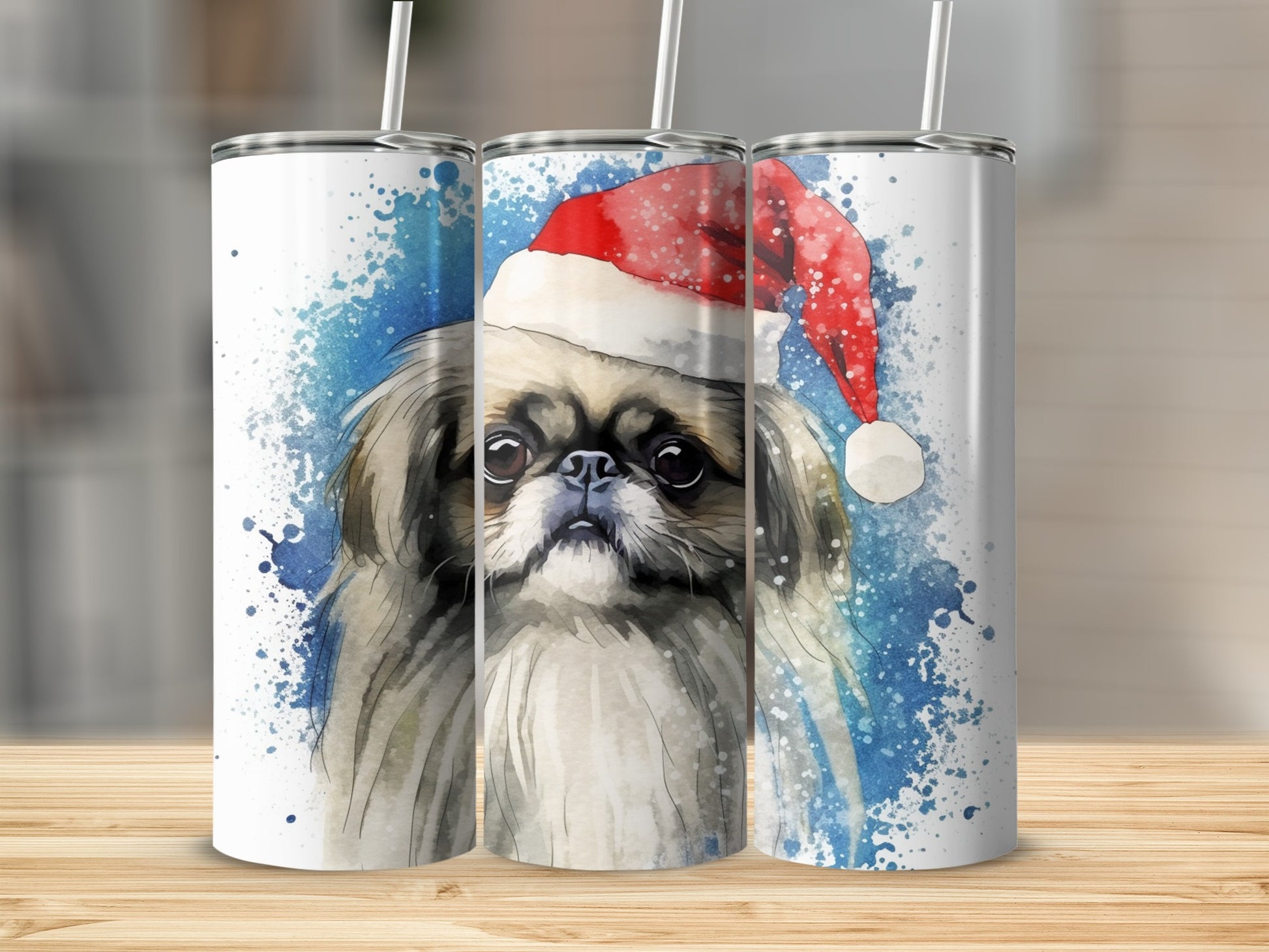 Watercolor Pekingese dog wearing a Santa hat on a tumbler.