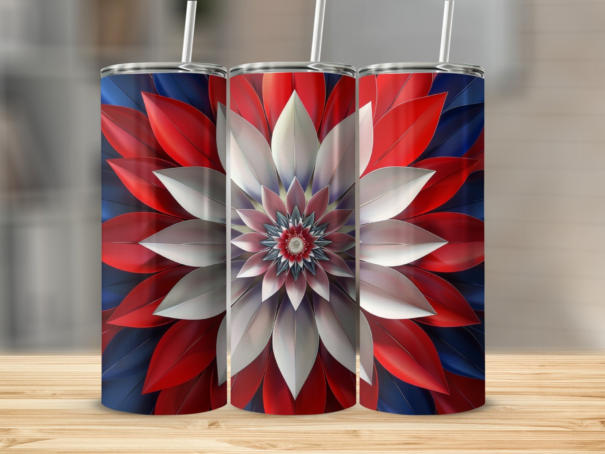 Three tumblers with a red, white, and blue floral pattern.