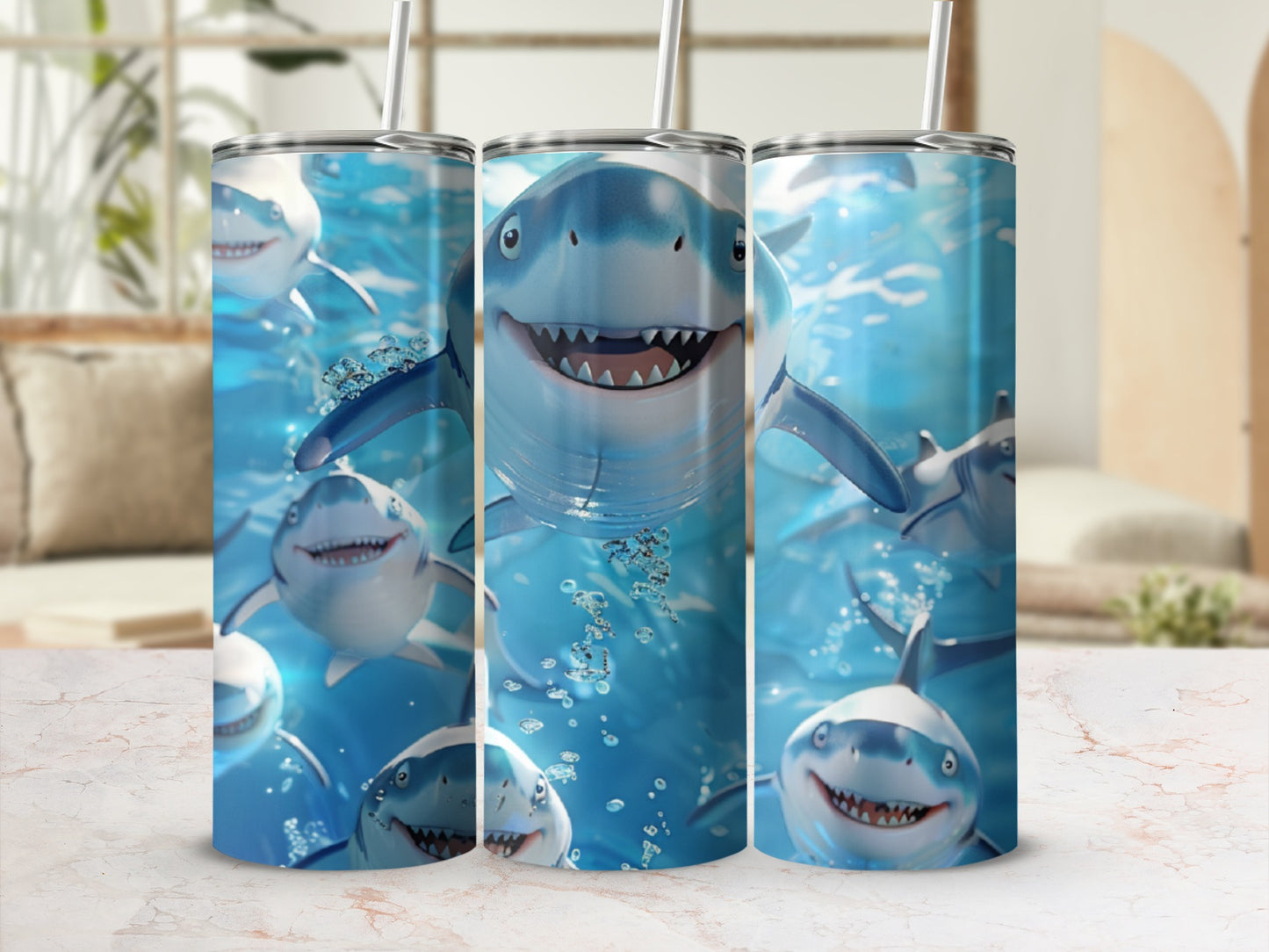 Three smiling sharks with bubbles swim in blue water against a blurred background.