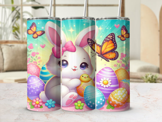 Cartoon bunny with butterflies and Easter eggs on a tumbler.