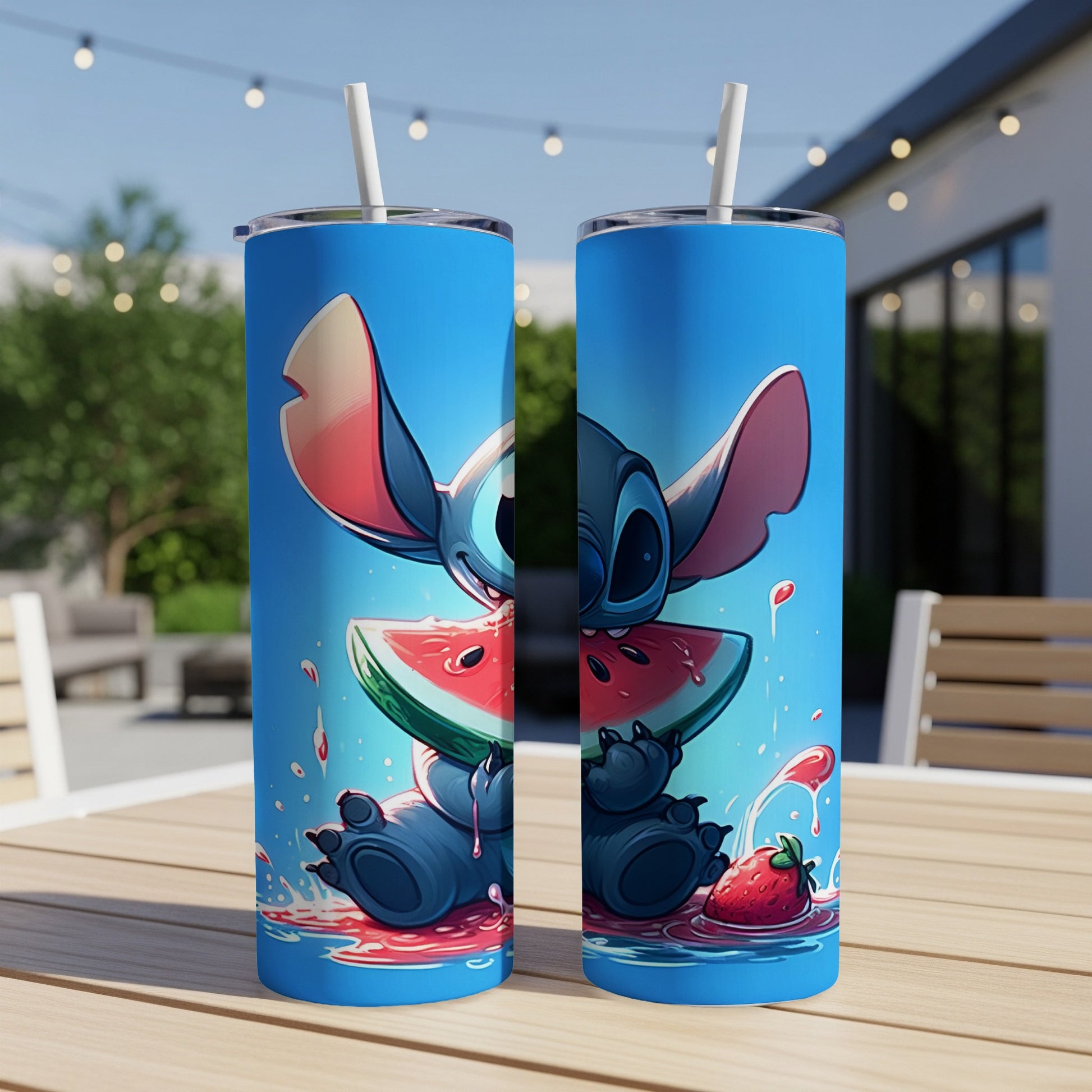 Stitch from Lilo & Stitch eating watermelon, on a blue background.