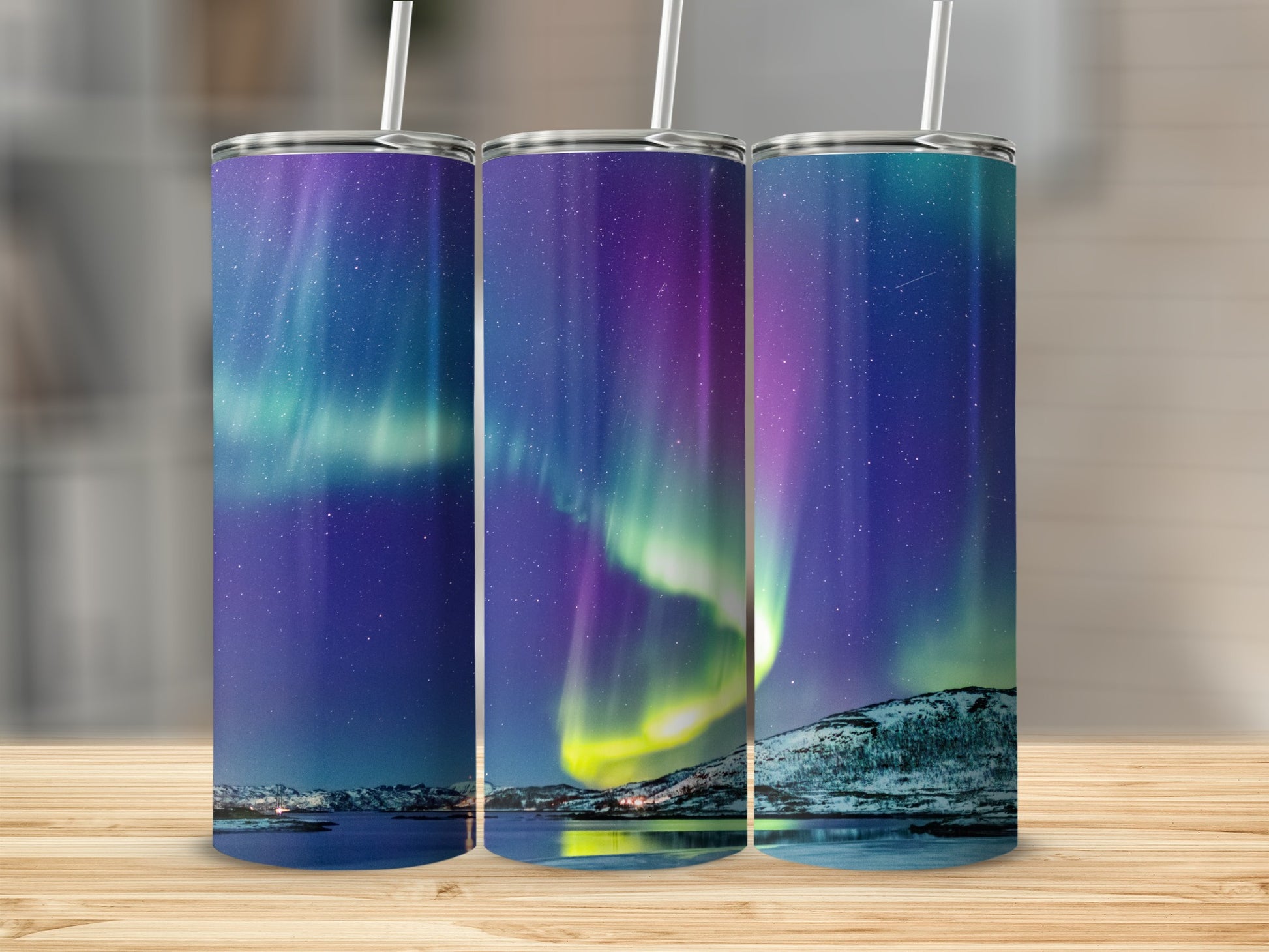 Northern Lights Design Tumbler With Straw