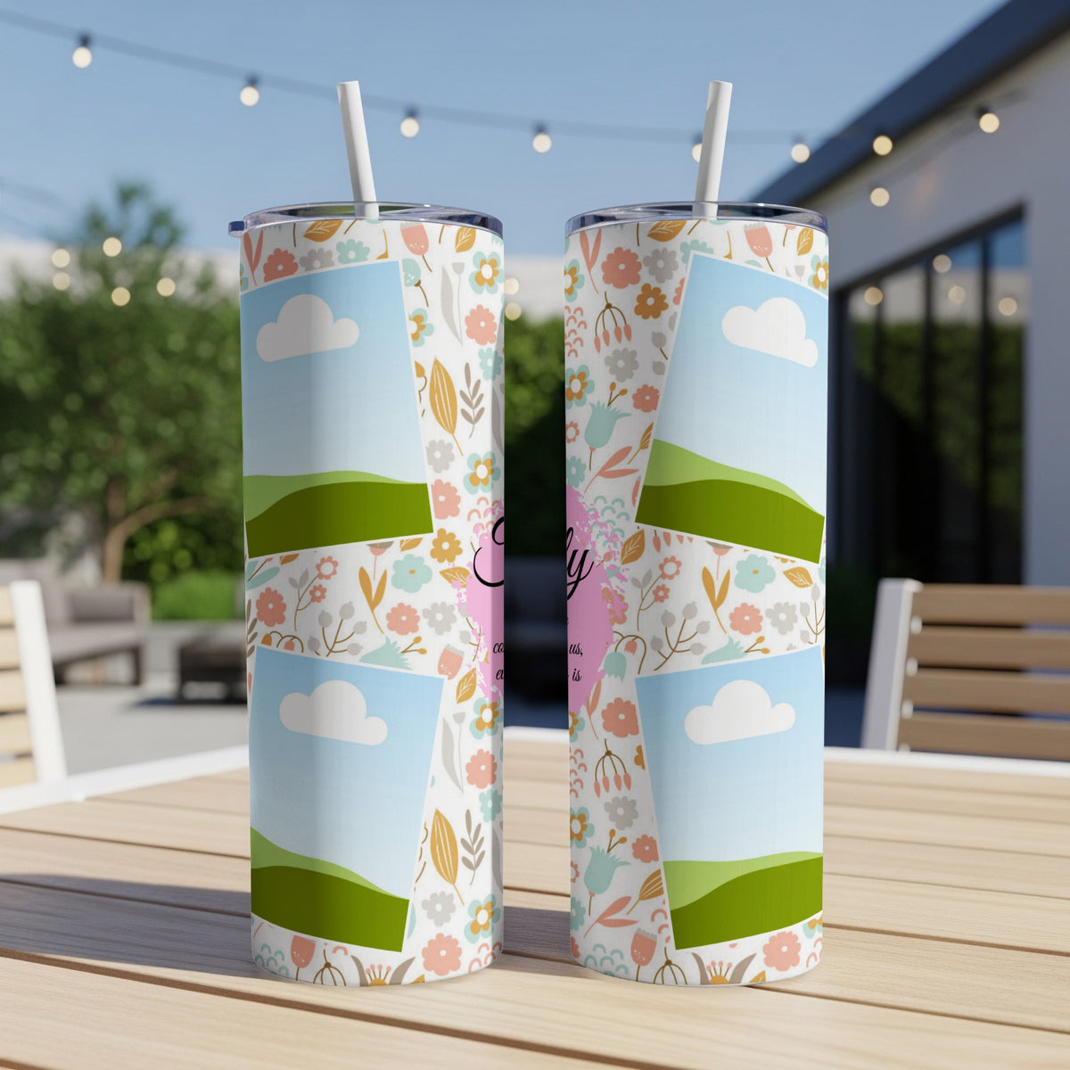 Tumblers with floral patterns, clouds, and landscape images, reading "Emily."