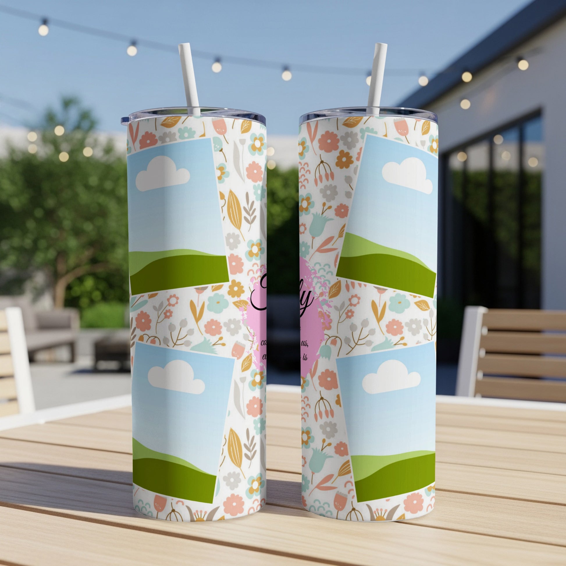 Tumblers with floral patterns, clouds, and landscape images, reading "Emily."
