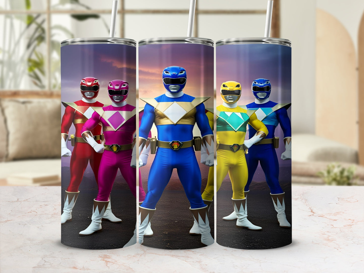 Power Rangers in red, pink, blue, and yellow suits standing in a line.