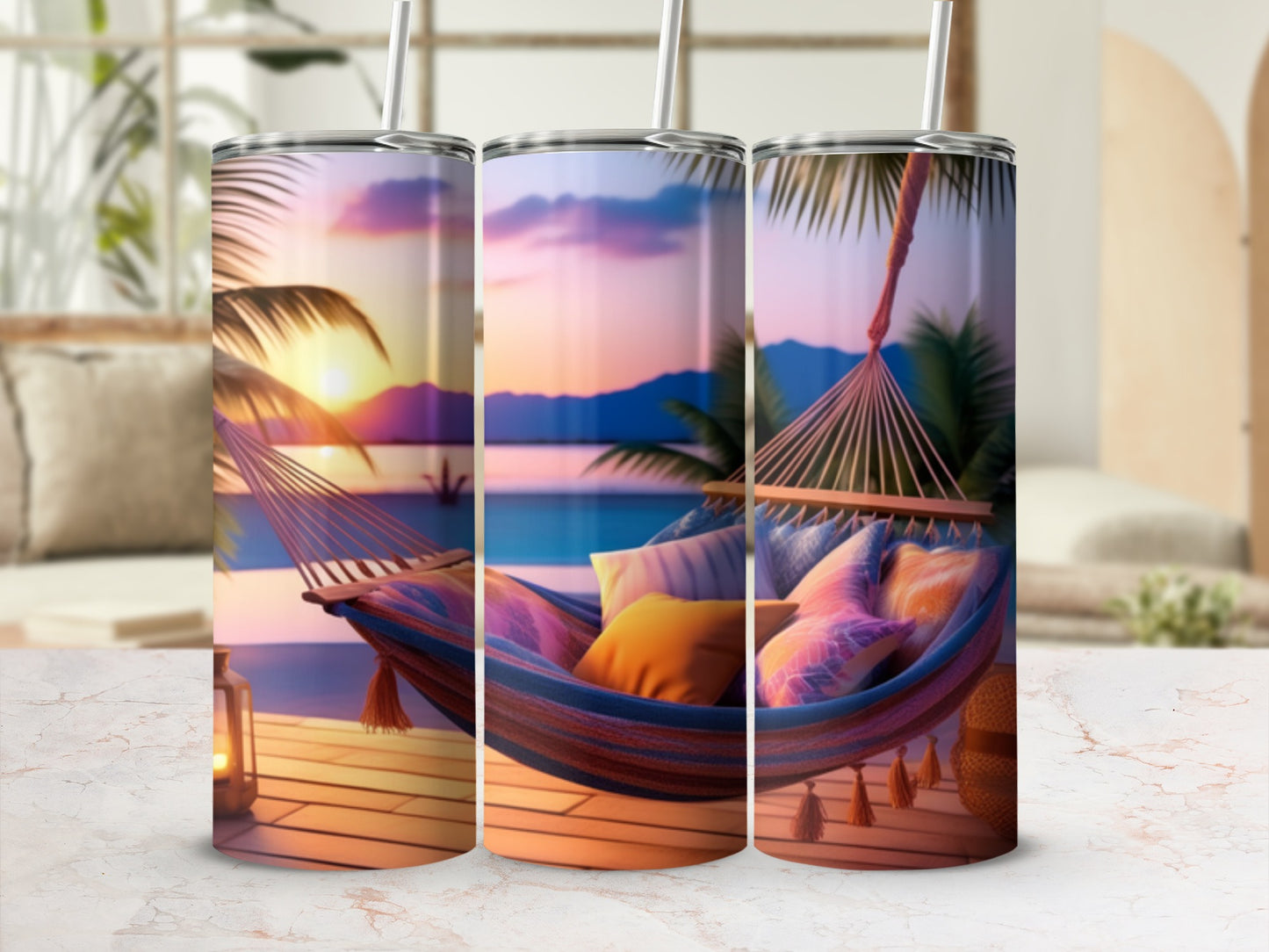 Hammock with colorful pillows on a beach at sunset, with palm trees and ocean.