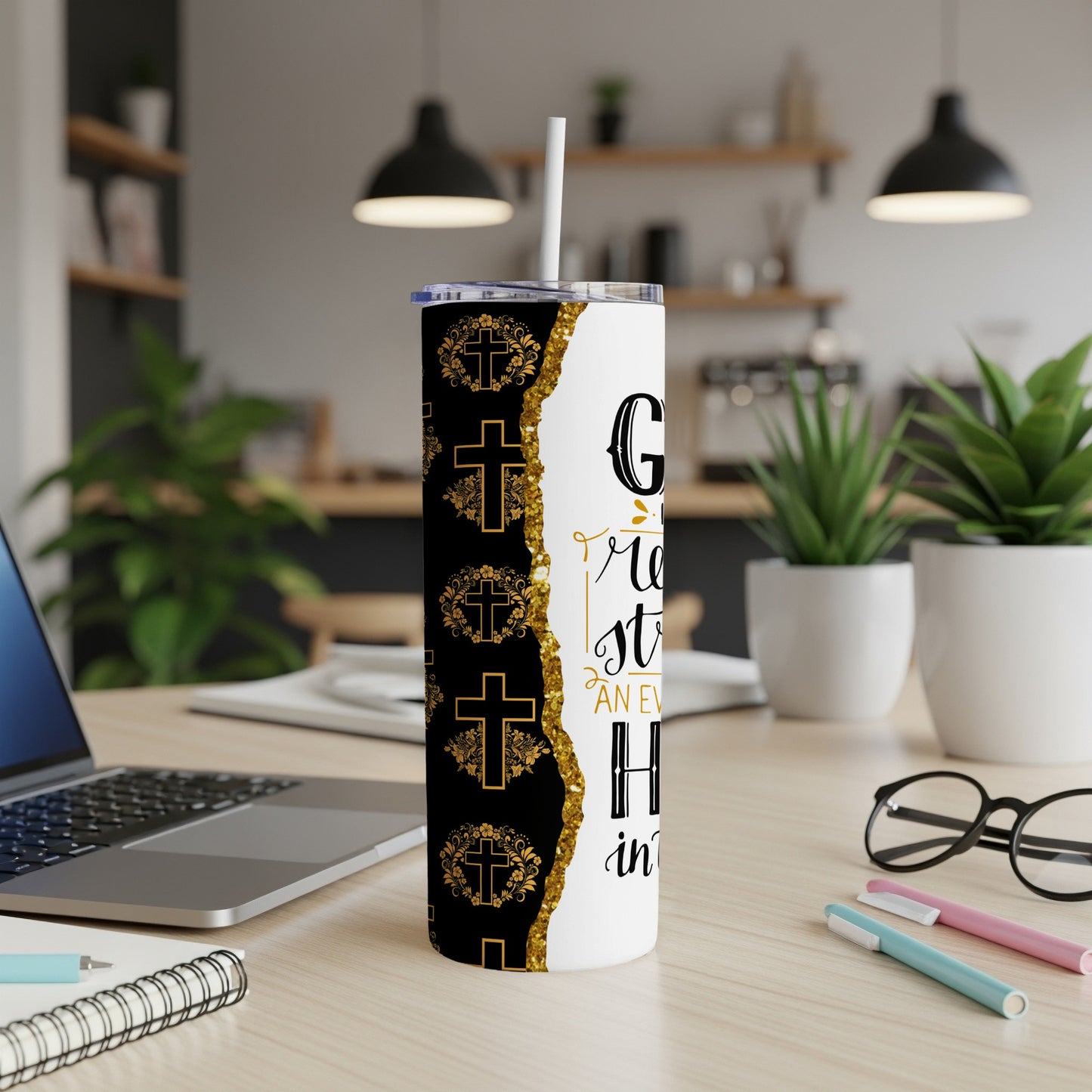 White tumbler with gold crosses and "God rest in His" text.