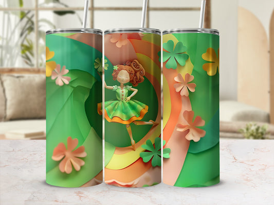 Three green tumblers with shamrocks and a dancing girl.