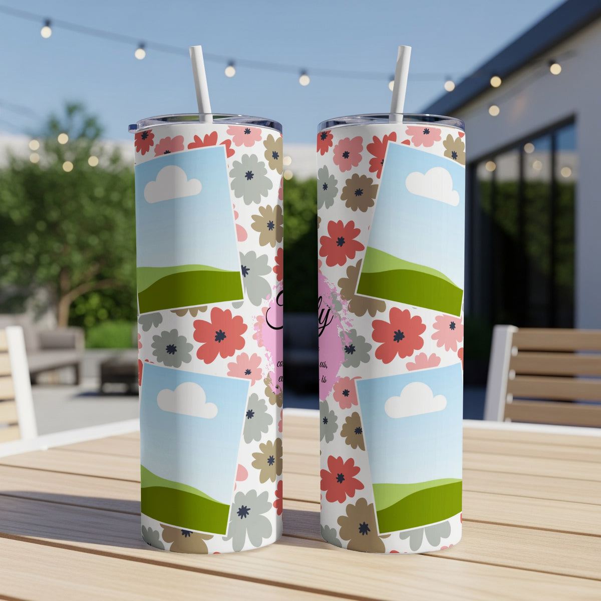 Two tumblers with a floral pattern and photo collage of clouds and hills.