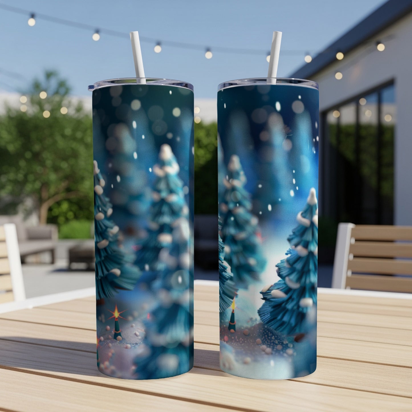 Two tumblers with a whimsical snowy evergreen tree design.