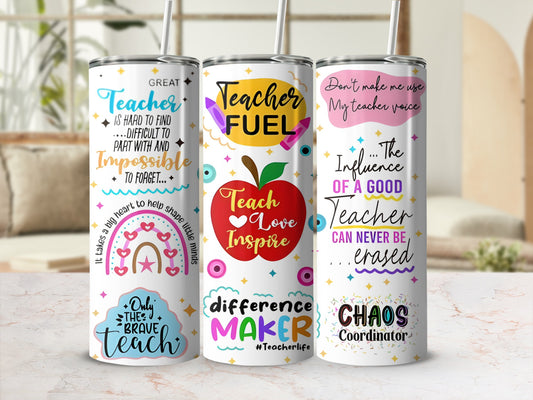 Teacher-themed tumblers with motivational quotes and colorful designs.